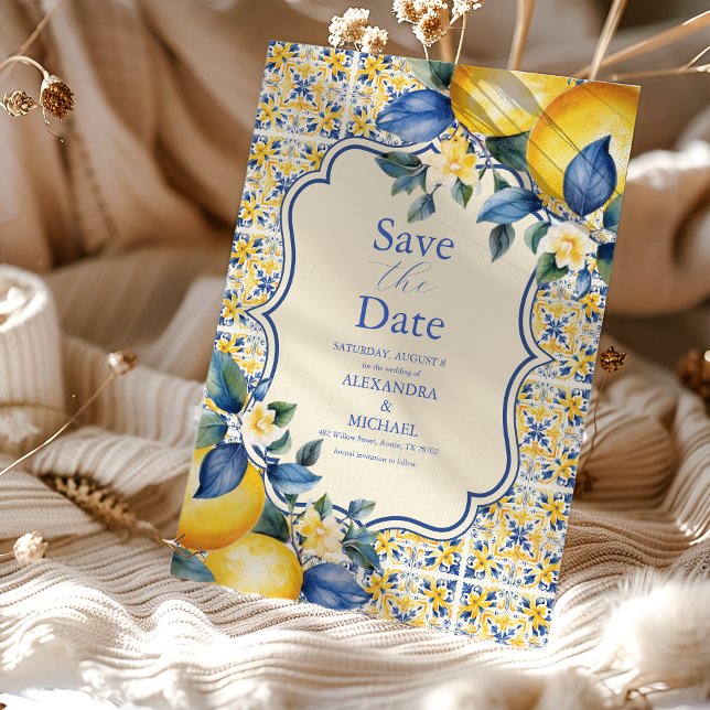 Save The Date Carrelage bleu méditerranéen italien et Mariage ci (Créateur téléchargé)