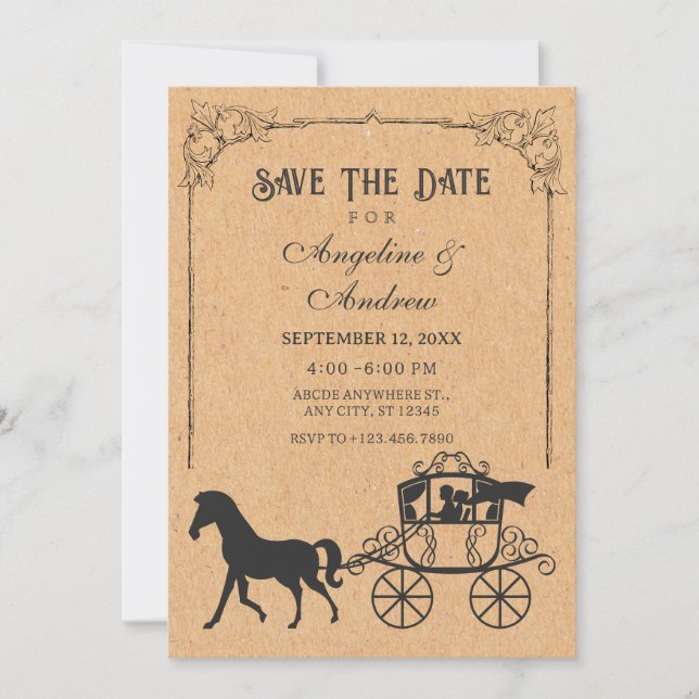 Save The Date Carrosse vintage avec cheval (Devant)