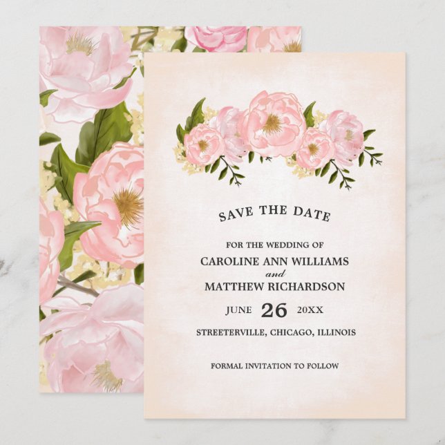 Save the date. Carte de pivoines roses (Devant / Derrière)