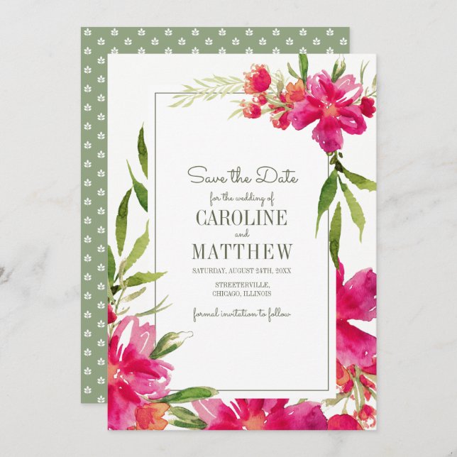 Save the date. Carte Fuchsia Green Floral Mariage (Devant / Derrière)