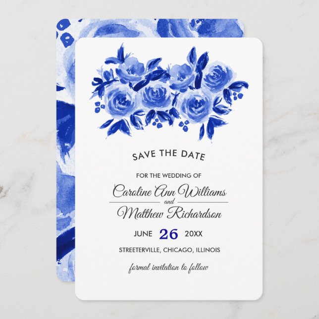 Save the date. Cartes de mariage Royal Blue Floral (Devant / Derrière)