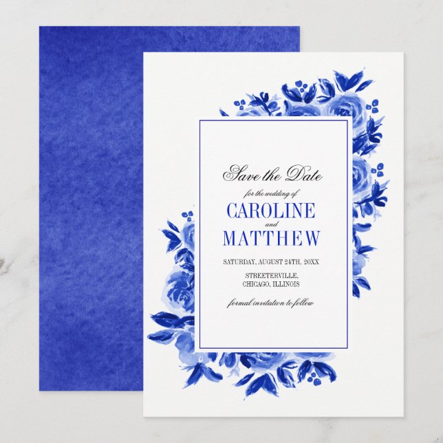 Save the date. Cartes de mariage Royal Blue Floral (Devant / Derrière)
