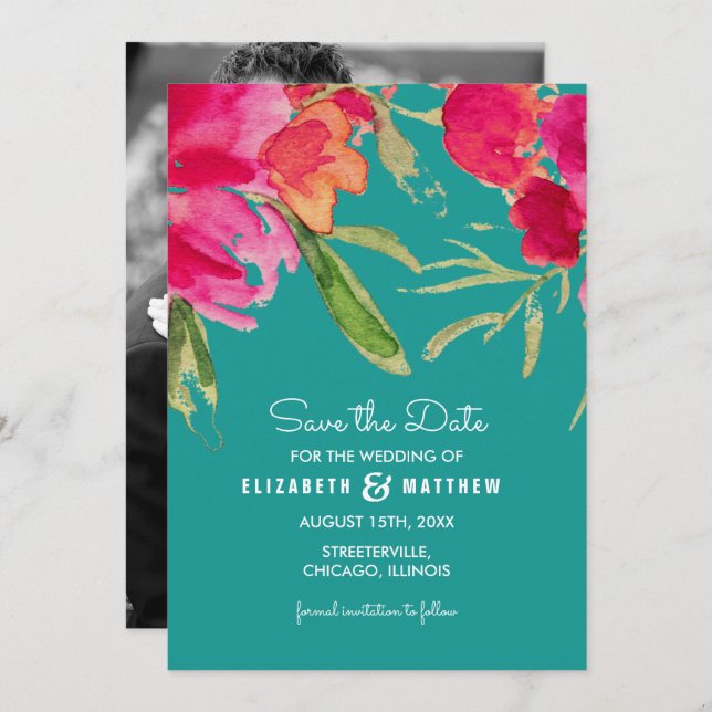 Save the date. Cartes florales Fuchsia Turquoise (Devant / Derrière)