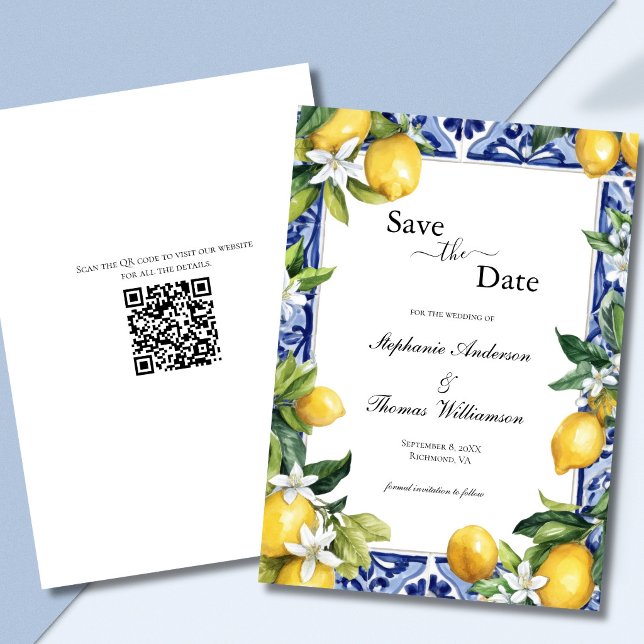 Save The Date Carton de mariage à code QR Lemons Mediterranean S (Lemons Mediterranean Blue White Mosaic Tile White Florals Wedding Save the Date Card with QR code)
