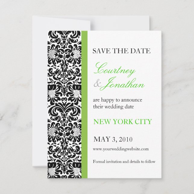 Save The Date Carton d'invitation à damas accentué de vert pour  (Devant)