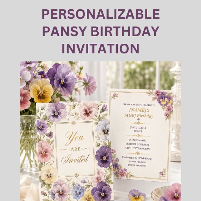 Save The Date Carton d'invitation d'anniversaire élégant pour fê (Elegant pansy birthday invitation front and back with vase flowers on white table lifestyle scenes)