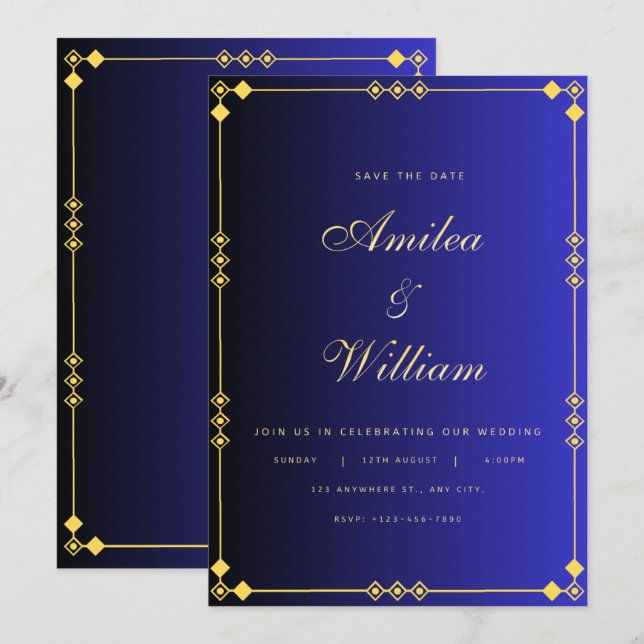 Save The Date Carton d'invitation de mariage bleu et or de luxe  (Devant / Derrière)