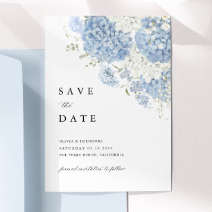Save The Date Carton d'invitation Fleurs blanches sur fond bleu 