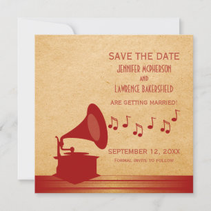 Save The Date Carton d'invitation vintage rouge avec gramophone 