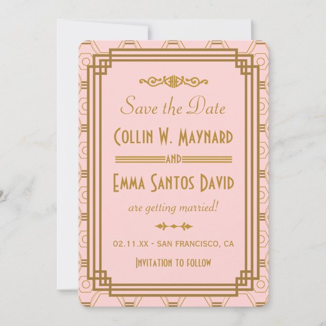 Save The Date Cartons d'invitation Art Déco rose à conserver la  (Devant)