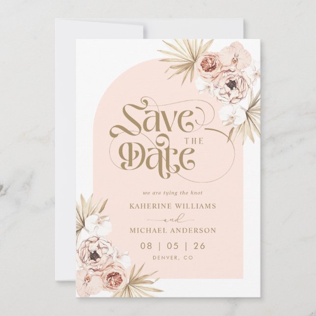 Save The Date Cartons d'invitation Fleurs roses de pêche blanche (Devant)