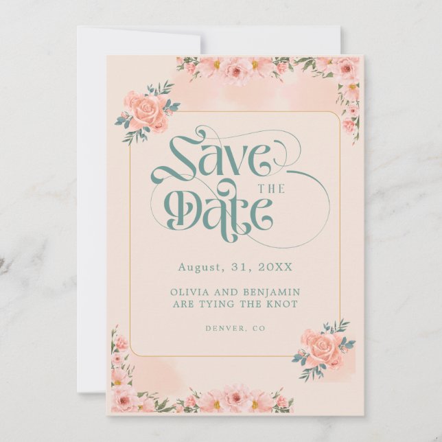 Save The Date Cartons d'invitation Fleurs roses pêche beige "Sav (Devant)
