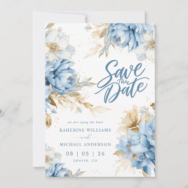 Save The Date Cartons d'invitation Pastel Bleu Blanc Fleur Enreg (Devant)