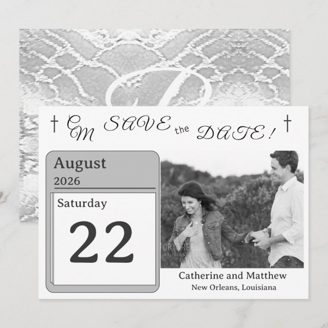 Save The Date Catholique Faux-Satin Monogrammed Enregistrer la d (Devant / Derrière)