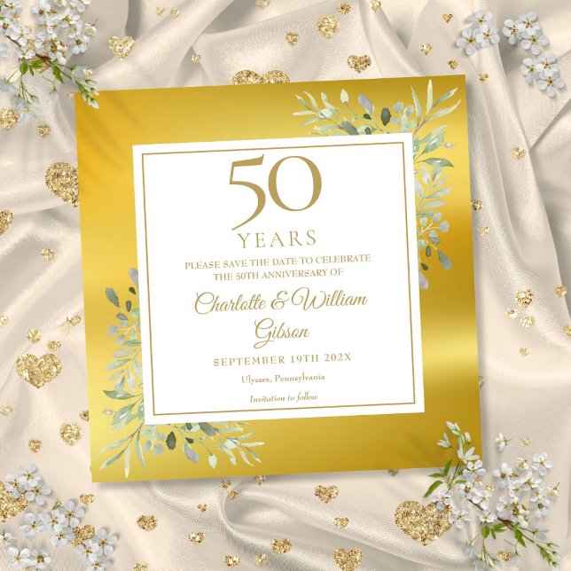 Save The Date Célébration de 50 ans de mariage carré en feuillag (50th Wedding Anniversary Greenery Gold Foil Square Save The Date)