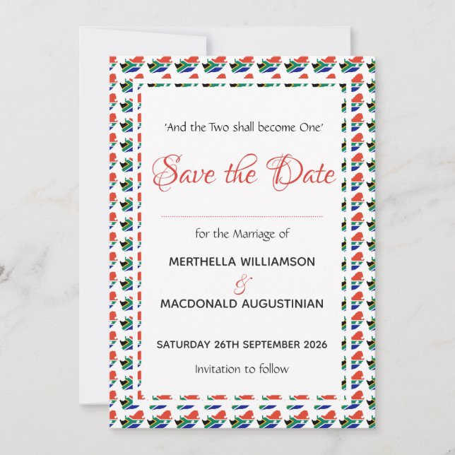 SAVE THE DATE CÉLÉBRATION DE MARIAGE PATRIOTIQUE EN AFRIQUE DU S (Devant)