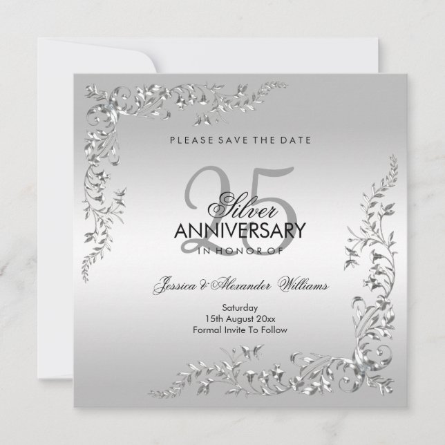 Save The Date Célébration de Mariage Stylée Argent pour les 25 A (Devant)
