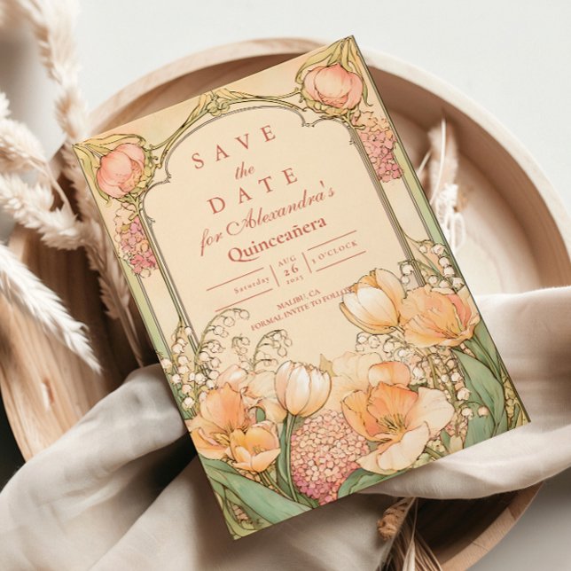 Save The Date Célébration de Quinceañera de Tulipe Pêche (Créateur téléchargé)