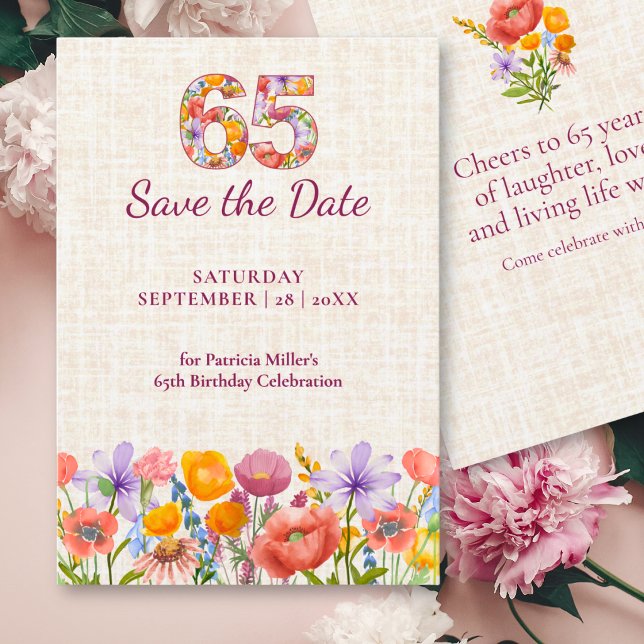 Save The Date Célébration élégante de fleurs de lin pour un 65e  (Créateur téléchargé)