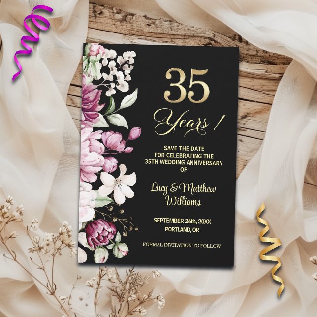 Save The Date Célébration élégante de fleurs dorées pour les 35  (Créateur téléchargé)