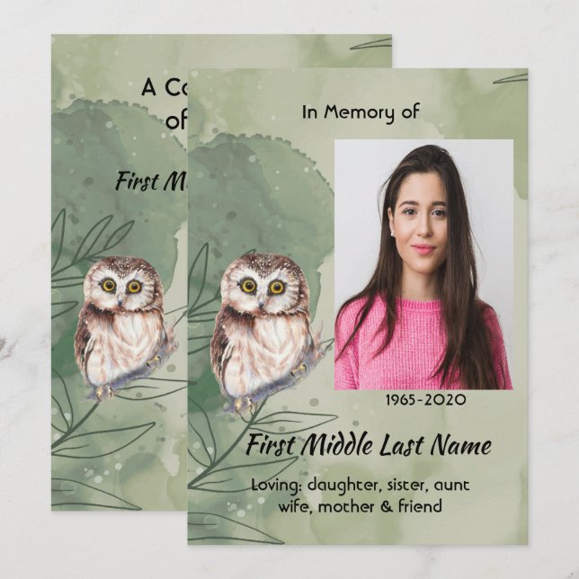 Save The Date Celebration of Life Service Cute Owl Bird (Devant / Derrière)