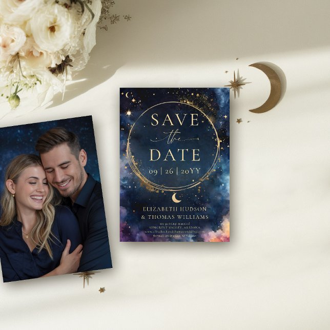 Save The Date Céleste Gold Midnight Blue Wedding Enregistrer la  (celestial wedding save the date photo template watercolor starry night sky galaxy universe astrology)