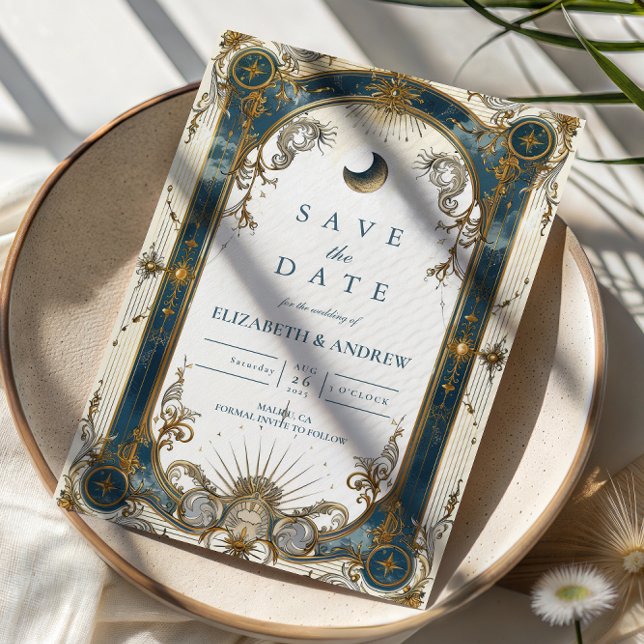 Save The Date Celestial Art Nouveau Blue Gold Wedding (Créateur téléchargé)