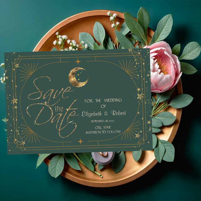 Save The Date Celestial Gold Moon Stars Frame Green (Créateur téléchargé)