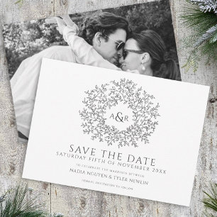 Save The Date Cercle de feuille gris blanc photo mariage