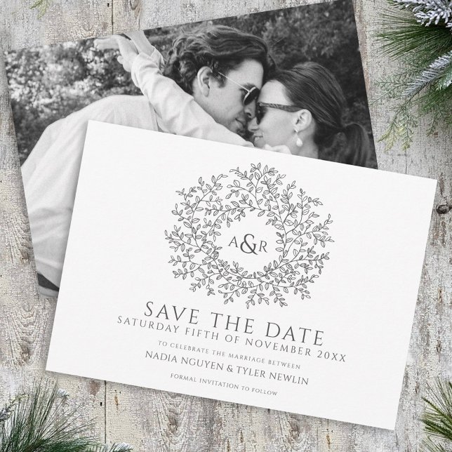 Save The Date Cercle de feuille gris blanc photo mariage (Créateur téléchargé)