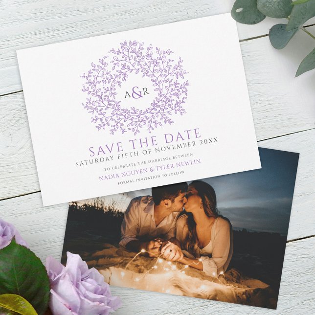 Save The Date Cercle de feuille violet gris blanc mariage photo (Créateur téléchargé)
