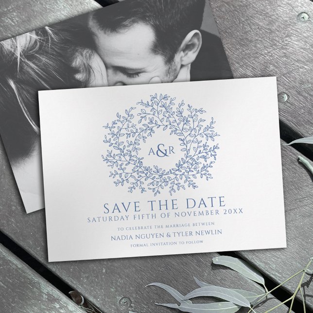 Save The Date Cercle feuille classique bleu blanc photo mariage (Créateur téléchargé)