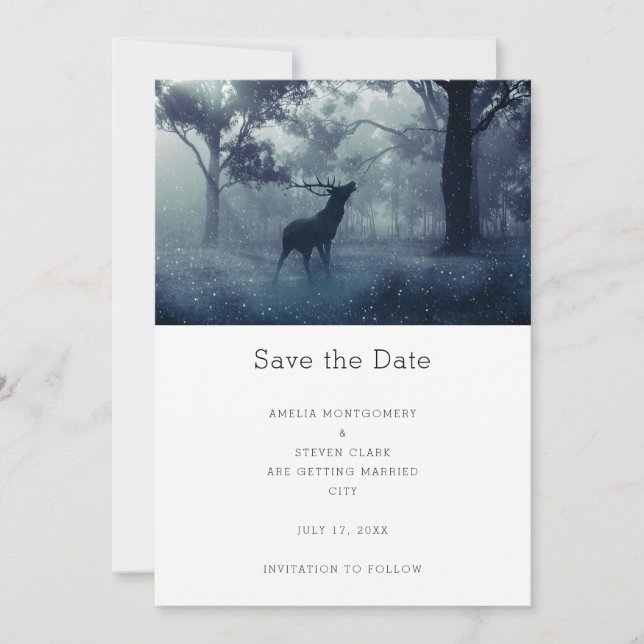 Save The Date Cerf avec Antlers dans le Mariage de Forêt Ombragé (Devant)
