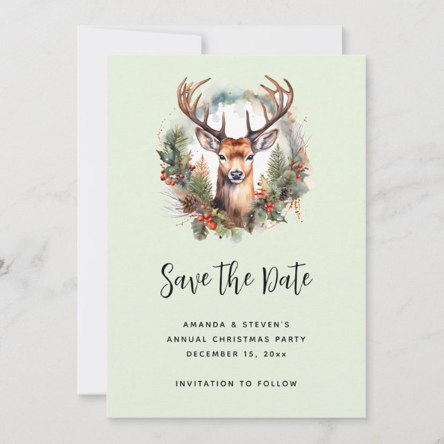 Save The Date Cerf brun avec bois Noël rustique (Devant)