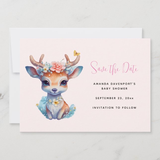 Save The Date Cerf de Bébé mignon avec Antlers et Fleurs (Devant)