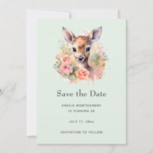 Save The Date Cerf Mignon Entouré de Roses
