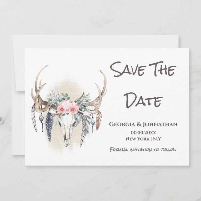 Save The Date Cerf ramure verte rose attrape-rêves bohème tribal (Devant)