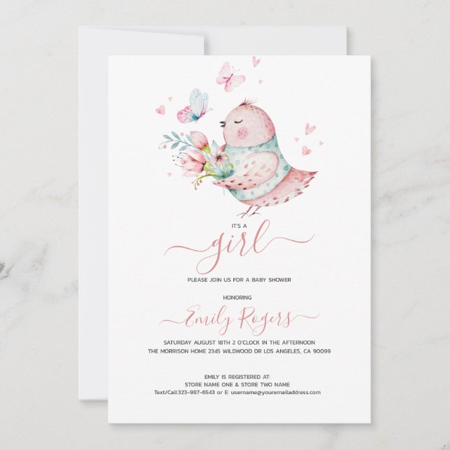 Save The Date C'est une fille -Cute bay poulet avec papillons (Devant)