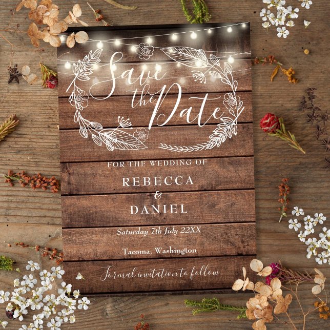 Save The Date Chaîne de bois rustique éclaire le Mariage floral (Rustic Wood String Lights Floral Wedding Save The Date)