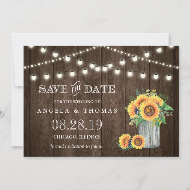 Save The Date Chaîne de bois rustique éclairs tournesol Enregist (Devant)