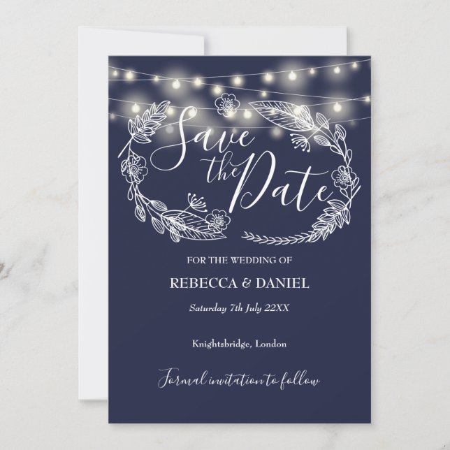 Save The Date Chaîne éclaire Floral Marine Mariage bleu (Devant)