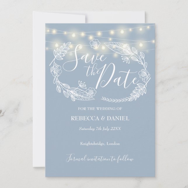 Save The Date Chaîne Lights Floral Dusty Mariage bleu (Devant)