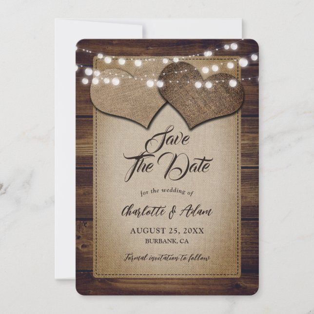 Save The Date Chaîne Rustique Bois Éclairage Coeurs Hessian Mari (Devant)