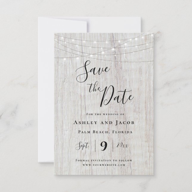Save The Date Chaîne Rustique Bois Éclairage Mariage Enregistrer (Devant)
