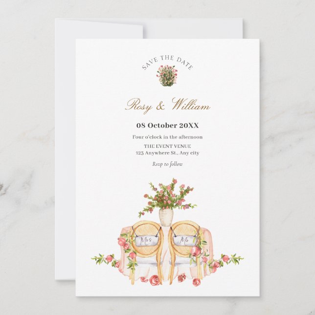 Save The Date chaises mariages avec plantes (Devant)