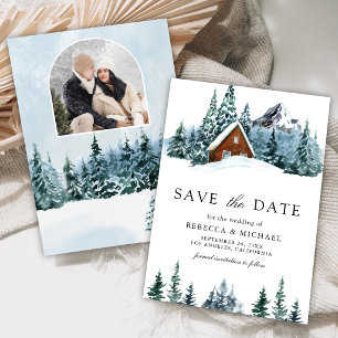 Save The Date Chalet de montagne d'hiver Photo Mariage en forêt
