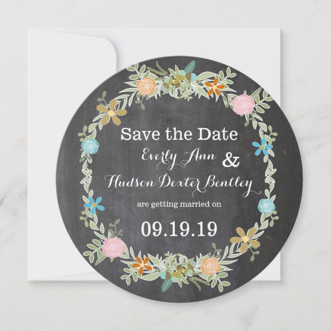 Save The Date Chalkboard Mint rose Aqua Floral Garland Mariage (Devant)