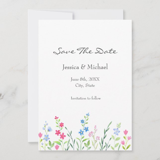 Save The Date Champ de Fleurs sauvages d'aquarelle mixte (Devant)