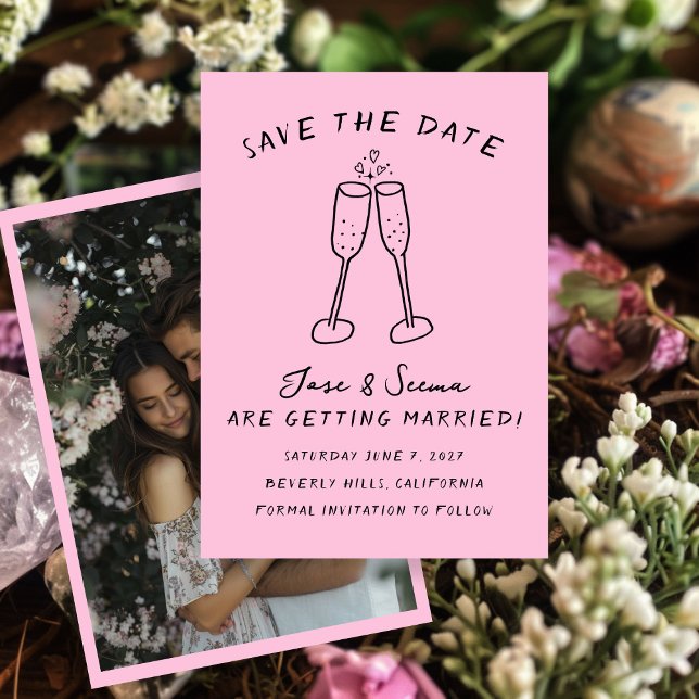 Save The Date Champagne Cheers Main Drake Photo personnalisée (Champagne Cheers Hand Drawn Custom PHOTO Save The Date
)