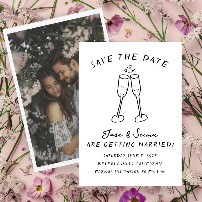 Save The Date Champagne Cheers Main Drake Photo personnalisée (Champagne Cheers Hand Drawn Custom PHOTO Save The Date Card 
)